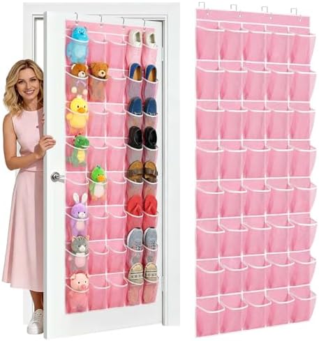 40-Pocket Over the Door Shoe Organizer - Large Mesh Pocket Hanging Shoe Organizer,Behind the Door Shoes Storage Holder Hanger (Pink-W)