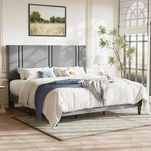 Allewie King Size Platform Bed Frame with Velvet Upholstered Headboard