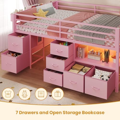 ADORNEVE Kids Low Loft Bed Full with 7 Drawers, Bookcase, Safety Guardrail