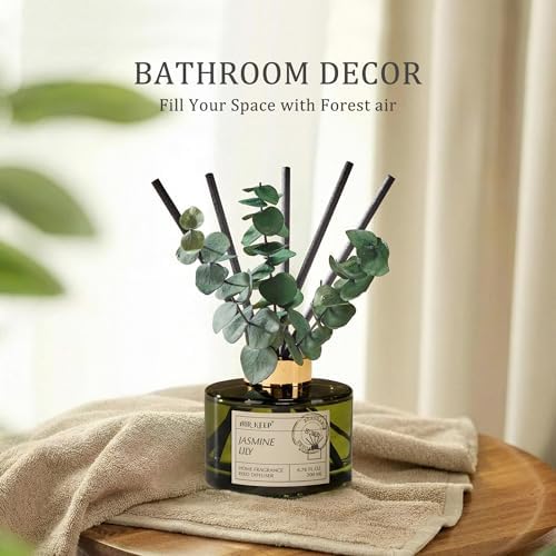 Airkeep Reed Diffuser Set with 6.76 fl oz Jasmine Lily Scent Essential Oils and 3 Leaves & 8 Diffuser Sticks,Bathroom Shelf Decor & Air Freshener, House Bedroom Office Decor & Gifts