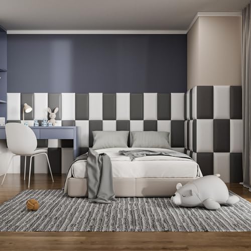 Peel and Stick Headboard Grey Upholstered Wall Panels, 4 Panels Sized 7.8" x 15.7", 3D Anti-Collision Soundproof Self-Adhesive Wall Panel for Bedroom