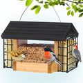 Gbekery Wooden Bird Feeder with Double Suet Metal Cage for Outdoors Hanging