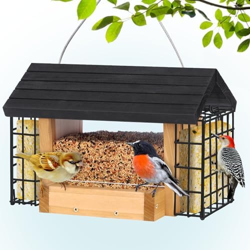 Gbekery Wooden Bird Feeder with Double Suet Metal Cage for Outdoors Hanging