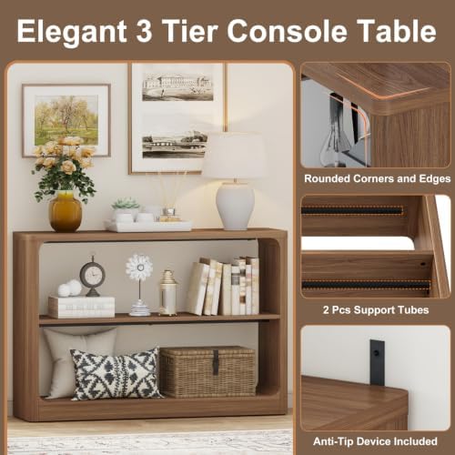 FATORRI Console Table with 3-Tier Storage Shelves, Rustic Farmhouse Sofa Tables for Behind Couch, Wooden Narrow Entryway Table for Living Room, Hallway (Walnut)