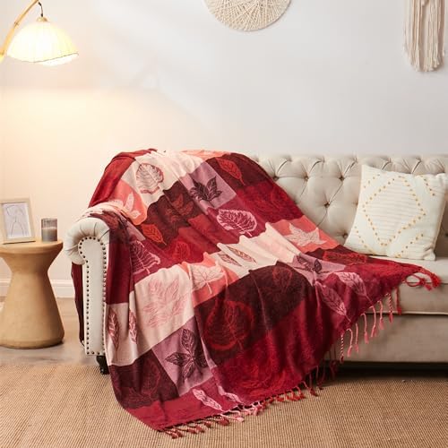 Bohemian Chenille Jacquard Tassel Throws - Reversible Red&Pink Maple Leaf Design for Boho Hippie Vibes - Oversized Blankets for Large Couch, Furniture, Sofa, Chair