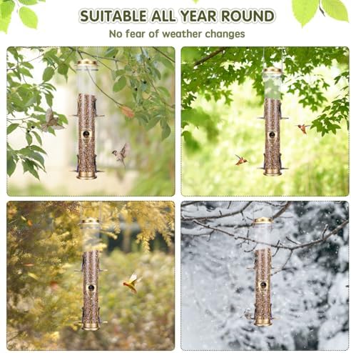 Metal Bird Feeder Tube Hanging Wild Bird Seed Feeder Aluminum Six Port Bird Feeders,1.4 mm Extra Thick Solid Tube Transparent with Steel Hanger Great for Attracting Birds (Bronze 2PK)