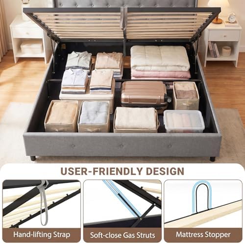 GIANTEX Queen Size Lift Up Storage Bed, Modern Linen Upholstered Platform w/Button Tufted Wingback Headboard & Hydraulic Support, Queen Bed Frame with Storage, No Box Spring Needed (Grey)