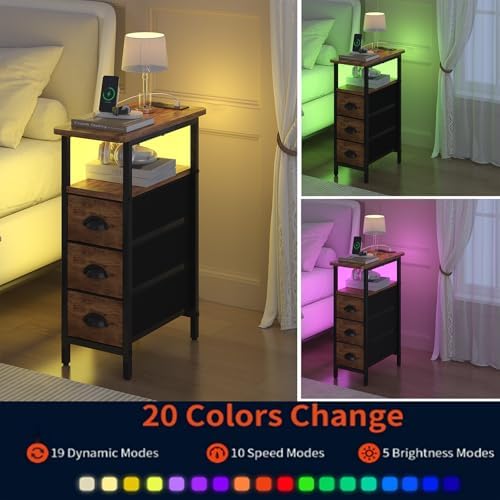 shtmec Narrow End Table Set of 2 with Charging Station, LED Side Tables Set 2 with Fabric Drawers, Small Bedside Tables Nightstands for Small Space, Slim Sofa Couch Table for Livingroom,Rustic Brown