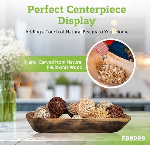 FANDOS Wooden Dough Bowl for Decor - 17¾ in Long Hand Carved Paulownia, Large Rustic Decorative Bowl for Home Table Centerpiece, Keys, Entryway Table, Catchall Tray & Wooden Dining Room Centerpiece