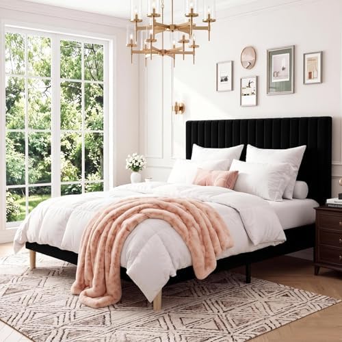 GAOMON Queen Bed Frame with Adjustable Headboard, Velvet Upholstered Platform Queen Size Bed Frame, Wooden Slats Support, No Box Spring Needed, Easy Assembly, Black