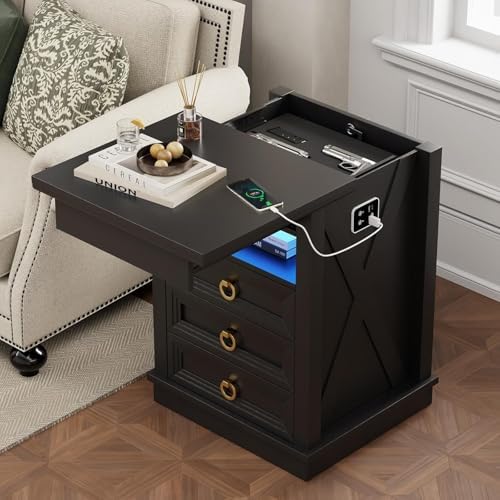 Farmhouse Nightstand with Gun Drawer,Bedside Table with Charging Station and Human Body Senor,3 LED Lights Night Stand with 3 Drawers and Open Shelf,End Side Table for Bedroom(Black)
