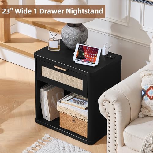 LEYAOYAO Rattan 23" Nightstands Set of 2 with Charger for Bedroom