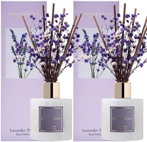 Cocorrína Premium Reed Diffuser Set with Preserved Baby's Breath & Cotton Stick Lavender Thyme 2 Packs, 6.7oz Scent Fragrance Oil Diffuser for Bedroom Bathroom Home Décor