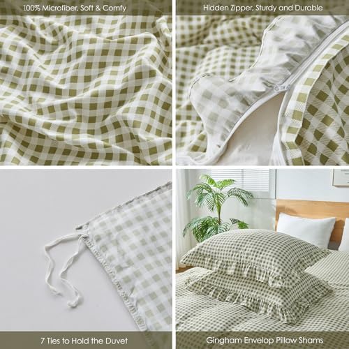 Gingham Duvet Cover Full Size, 3 Pieces Soft Breathable Microfiber Plaid Duvet Cover with Zipper Closure & 2 Pillow Shams, Ruffle Farmhouse Vintage Decor, Sage Green
