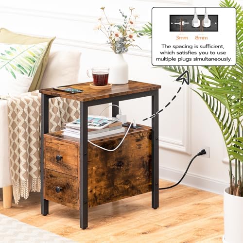 HOOBRO Set of 2 End Tables with Charging Station, Narrow Side Table with Drawers, Power Outlets, Nightstand for Small Spaces, Living Room, Stable and Sturdy, Rustic Brown and Black BF541BZP201
