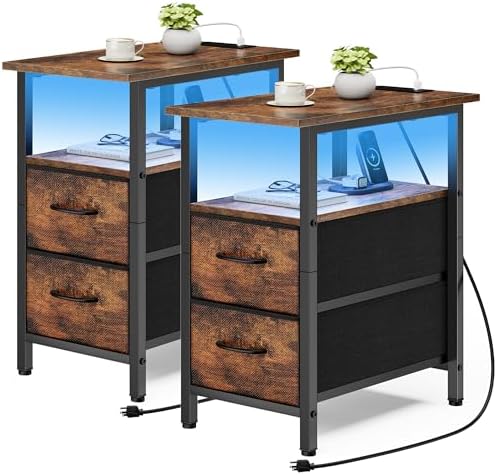 Vagusicc Set of 2 Nightstand with Charging Station and LED Lights, Narrow Side Table, LED Night Stand with 2 Fabric Drawers, Bedside Table Small End Table, Tall Nightstand for Bedroom, Rustic Brown
