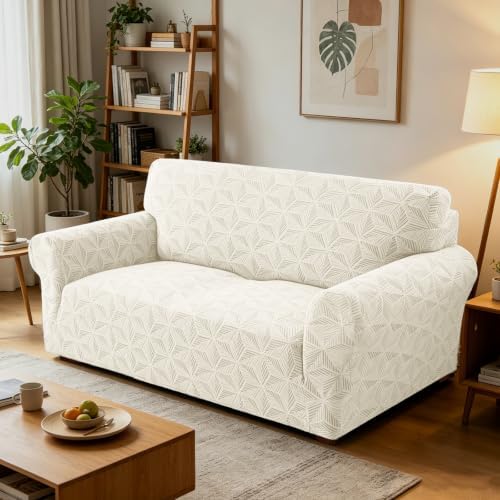 ZNSAYOTX Stretch Couch Cover, 1 Piece Sofa Covers for 2 Cushion Couch, Jacquard Loveseat Slipcovers with Elastic Bottom Thickened Furniture Protector for Dog Cat Pet (Medium, Beige)