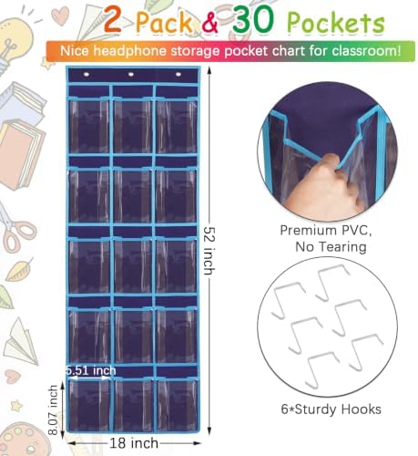 2 Pack Classroom Headphone Storage Organizer with 30 Pockets & 62 Labels