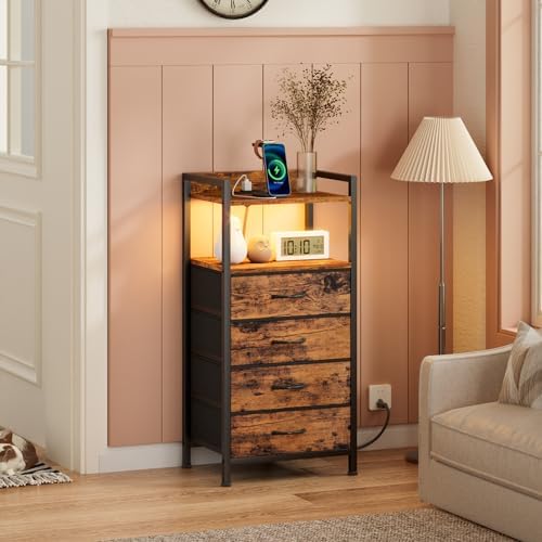 Furnulem Night Stand with Charging Station, 4 Drawer Tall Bedside Table