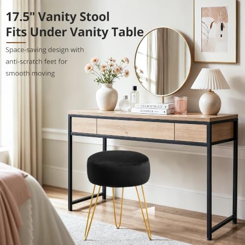 LUE BONA Vanity Stool, Black Vanity Stools for Makeup Room, Round Ottoman Foot Stool, Velvet Footrest Vanity Chair for Bathroom Vanity, Bedroom, Living Room, Entryway, Offices