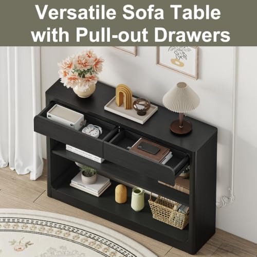 FATORRI Console Table with 2 Drawers, 43.3 Inch Farmhouse Narrow Entryway Table with Storage Shelves, Rustic Sofa Tables Behind the Couch for Hallway, Living Room, Foyer (Black)