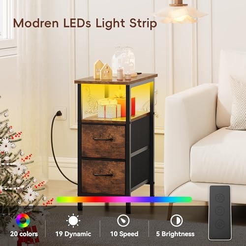 Vagusicc Set of 2 Nightstand with Charging Station and LED Lights, Narrow Side Table, LED Night Stand with 2 Fabric Drawers, Bedside Table Small End Table, Tall Nightstand for Bedroom, Rustic Brown