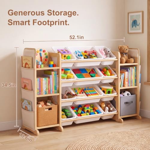 Toy Storage Organizer for Kids, 12 Bins, 2 Bookshelves & 2 Book Pockets