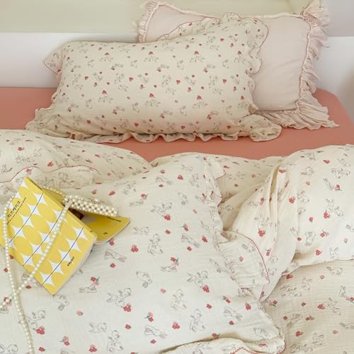 Red Flower Duvet Cover Set Muslin Cotton Full(80"x90"),Rabbit