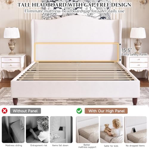 koorlian Queen Size Upholstered Bed Frame with 51'' Tall Headboard, White