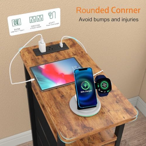 sthmec Side Table with Charging Station, Narrow End Table with 4 Drawers, LED Nightstands with Fabric Drawers,Slim Sofa Couch Side Tables for Small Spaces,Living Room,Bedroom,Rustics Brown