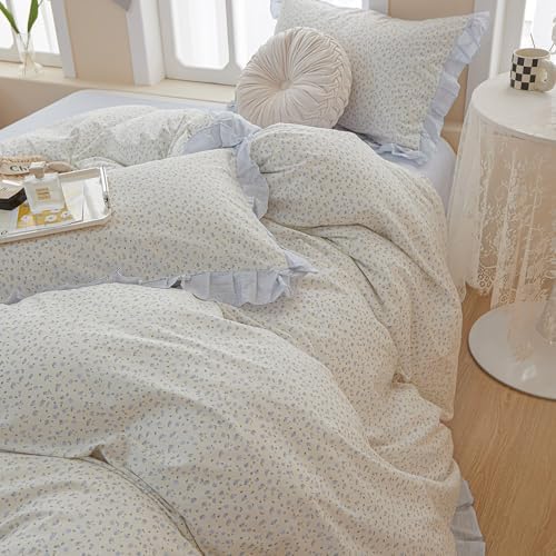 Blue Floral Ruffle Duvet Cover Twin XL White Soft Cotton Lace Duvet Cover Girls Botanical Flower Comforter Cover Romantic Princess Bedding Set Vintage Floral Lace Comforter Cover with Zipper Closure