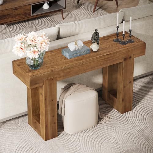 Tribesigns 55-Inch Long Console Table, Solid Wood Rectangular Sofa Table Behind The Couch, Farmhouse Entryway Table for Entrance, Hallway, Living Room (Solid Wood, Warm Brown)
