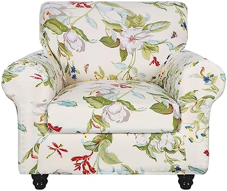 SearchI Stretch Sofa Cover Printed Couch Covers, Floral Pattern 2 Piece Armchair Slipcover with Separate Chair Cushion Cover, Washable Furniture Protector for Living Room(Chair, Spring Pattern)