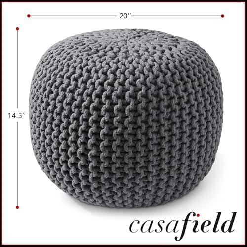 Casafield Round Pouf Ottoman, Dark Gray - 20" Diameter x 14.5" High Cotton Knit Foot Stool - Boho Floor Pouffe for Living Room, Bedroom, Home Office