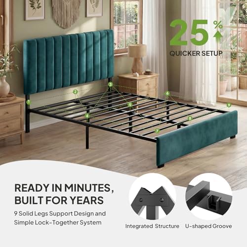 Welzona Full Size Velvet Upholstered Bed Frame with Tufted Headboard, Green