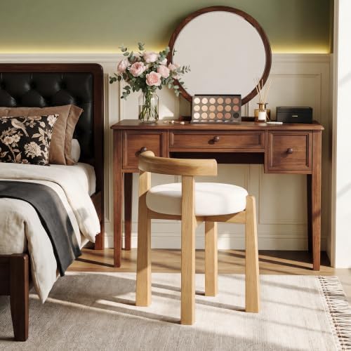 Wood Vanity Stool with Faux Wool Cushion, Upholstered Makeup Chair with Solid Wood Frame, Round Vanity Stool Seat for Makeup Room, Bedroom, Living Room, 20-Minute Assembly, Oak