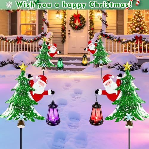 2 Packs Solar Christmas Trees Santa Claus Garden Stakes Solar Lights Multi-color Changing Christmas Decorations Outdoor,Xmas Gifts for Women Mom,Waterproof Solar Christmas Lights for Yard Lawn Porch