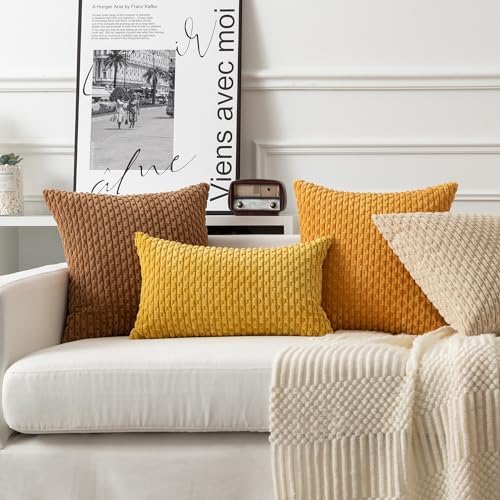 Kevin Textile Soft Corduroy 24x24 Inch Pillow Covers 2 Pack, Gold Yellow