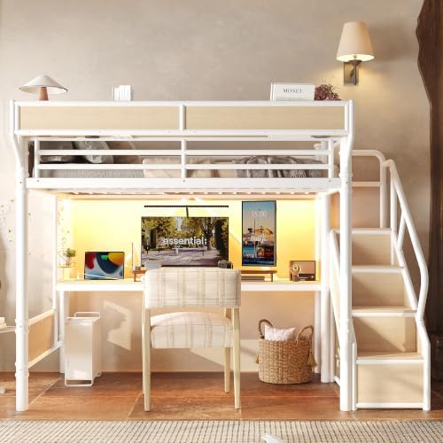 Bellemave Full Metal Loft Bed with Stairs and Desk for Kids,Adults,White