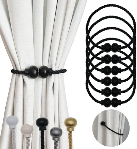 6Pcs Magnetic Curtain Tiebacks Modern Handmade Rope Curtain Tie Backs Black