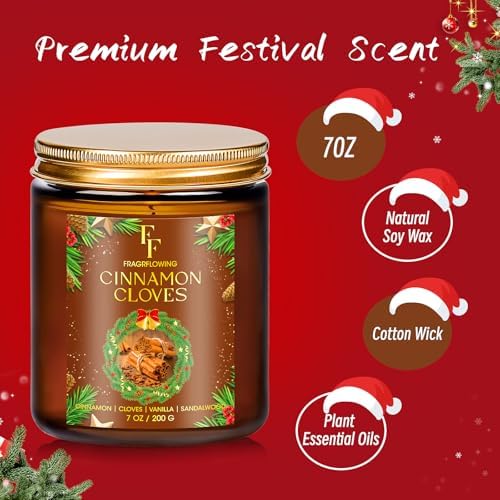 Christmas Candle, Cinnamon Cloves Scented Candles for Home, Holiday Candles Natural Soy Candle, Aromatherapy Candle 7 oz Jar Candles Christmas Gift for Women Men
