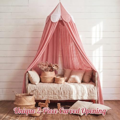 Bed Canopy with Scalloped Edge, 2 Panel Striped, Light Orange