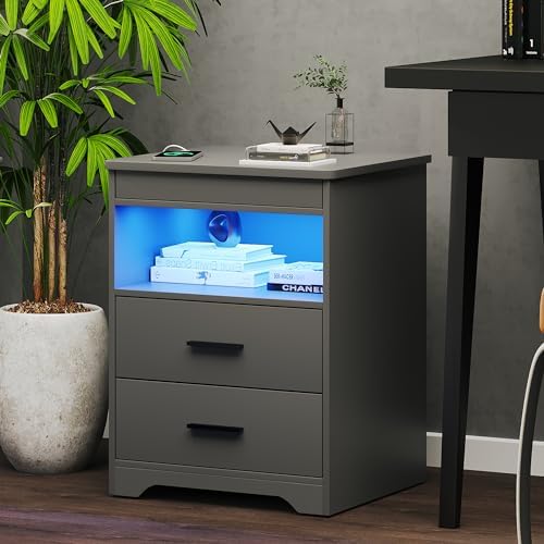 FREDEES LED Nightstand Set 2 with Gun Drawer & Charging Station