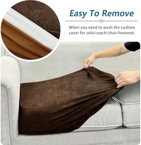 Couch Cushion Covers Leather-Look 3PC Stretch Sofa Seat Slipcover Sets for Living Room Individual Sofa Cushion Cover Couch Seat Protectors, Pet-Friendly, Non-Slip, Easy Fit - Brown