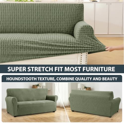 ZNSAYOTX 1 Piece Stretch Couch Cover (72"-90") New-Houndstooth Texture, Thick Sofa Covers for 3 Cushion Couch Universal Sofa Slip Cover with Elastic Bottom & Buckle, Washable Protector Army Green