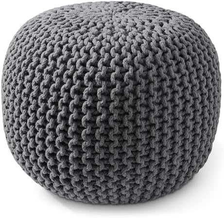 Casafield Round Pouf Ottoman, Dark Gray - 20" Diameter x 14.5" High Cotton Knit Foot Stool - Boho Floor Pouffe for Living Room, Bedroom, Home Office