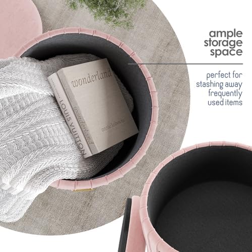 Round Ottoman with Storage, Pleated Velvet Storage Ottoman, Foot Stool Ottomans, Makeup Vanity Stool, Small Ottomans Foot Rest, Modern Vanity Stools for Living Room and Bedroom, Pink