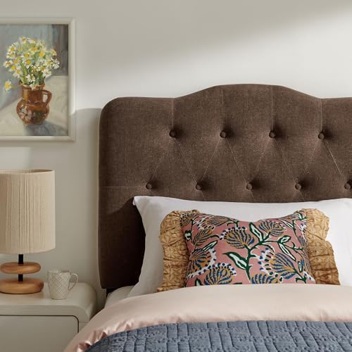Modway Annabel Premium Linen Blend Twin Headboard in Cocoa - Soft Fabric Headboard Only with Diamond Button Tufting and 7 Height-Adjustable Positions