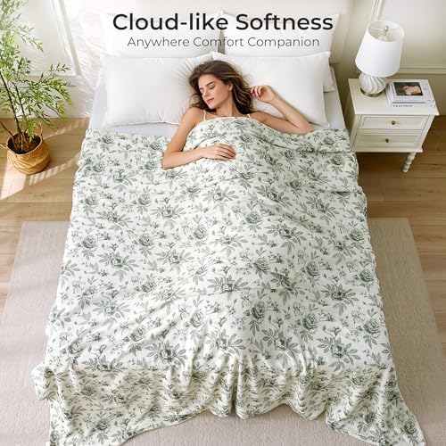 Muslin Blankets for Adults Reversible Throw Fleece & Gauze, Soft Cozy Lightweight Breathable Green Floral Blanket for Bed Couch, Double Layer Muslin Throw Cover 90"x90"