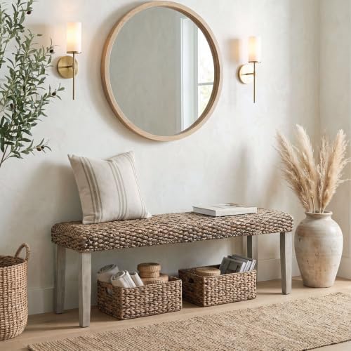 Solid Acacia Wood Bench with Natural Woven Water Hyacinth Seat, Grey Leg